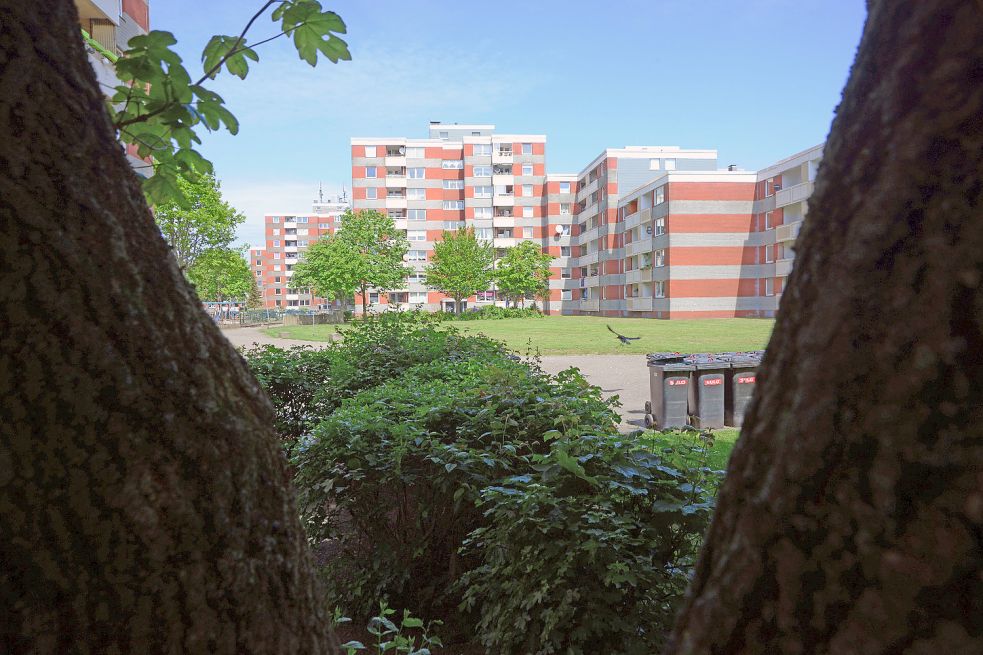 Die Leuschner-Blocks in Borssum: Das Emder Aktionsbündnis „Besser Wohnen“ will verhindern, dass sich günstiger Wohnraum vorrangig in einzelnen Vierteln wie diesem findet und Stadtteile dadurch abgehängt werden. Stattdessen fordern die im Bündnis vertretenen Sozialverbände eine bessere Durchmischung und denken dabei ans geplante „Ültje“-Quartier. Foto: F. Doden