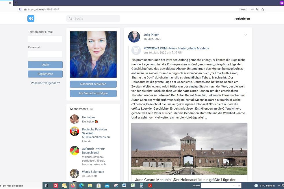 Die zurückgetretene AfD-Kreisschatzmeisterin Julia Pilger aus Norden hat den Beitrag auf ihrer VK-Seite, in dem der Holocaust geleugnet wird, immer noch nicht gelöscht. Screenshot: OZ