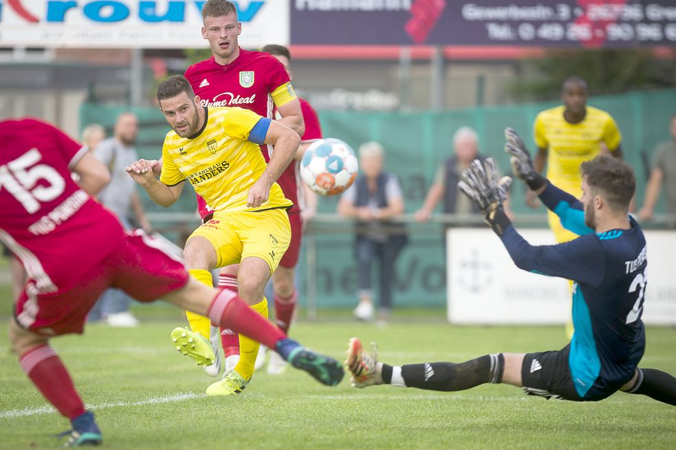 Mit diesem Schuss eröffnete Kickers-Kapitän Tido Steffens nach 20 Minuten den Torreigen. Foto: Doden