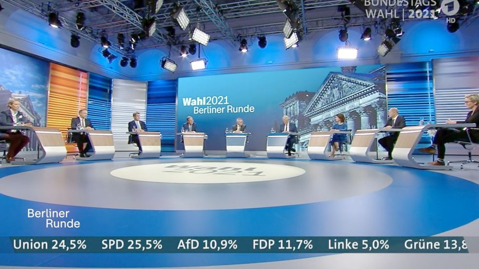 Wer regiert mit wem? „Elefantenrunde“ der Parteivorsitzenden am Wahlabend. Foto: Screenshot: NOZ