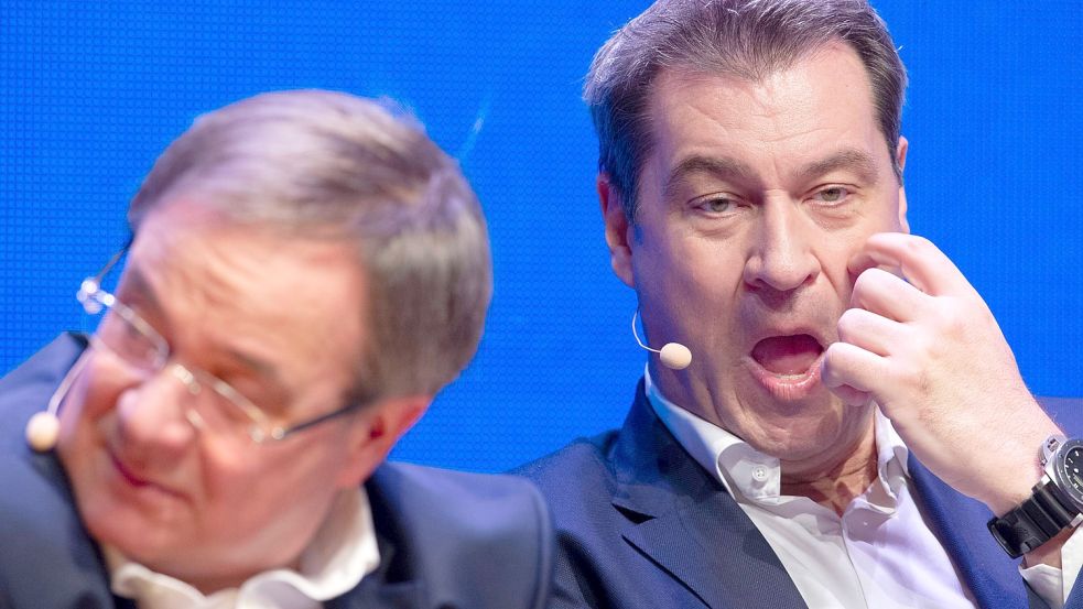 CSU-Chef Markus Söder (rechts) jetzt doch noch einwechseln? In der Unionsfraktion gibt es Abgeordnete, die fordern, dass er und nicht Laschet die Sondierungsgespräche für ein Jamaika-Bündnis führen sollte. Foto: Malte Ossowski/SVEN SIMON via www.imago-images.de
