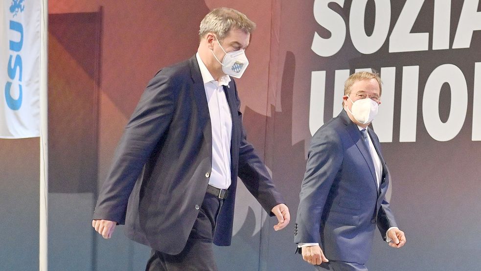CSU-Chef Markus Söder (links) jetzt doch noch einwechseln? In der Unionsfraktion gibt es Abgeordnete, die fordern, dass er und nicht Laschet die Sondierungsgespräche für ein Jamaika-Bündnis führen sollte. Foto: imago images/Sven Simon