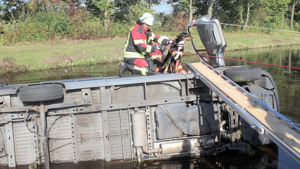 Fahrer und Hund des Transporters konnten unbeschadet aus dem Transporter befreit werden. Foto: Bienhoff/Kreisfeuerwehrverband Aurich