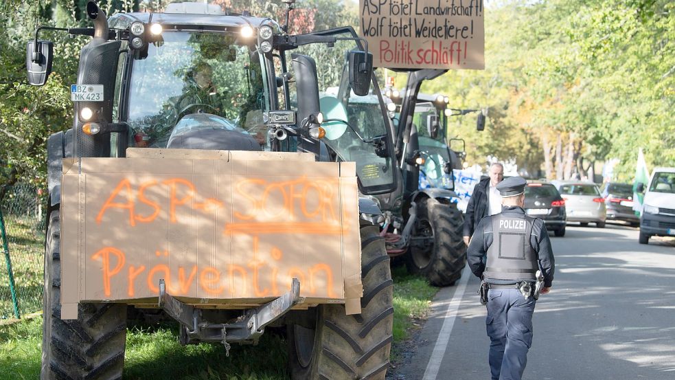 Am Rande der Verleihung der Erntekrone an Frank-Walter Steinmeier im vergangenen Jahr in Schmochtitz (Sachsen) kam es zu Demonstrationen von Landwirten. Foto: Kahnert/DPA