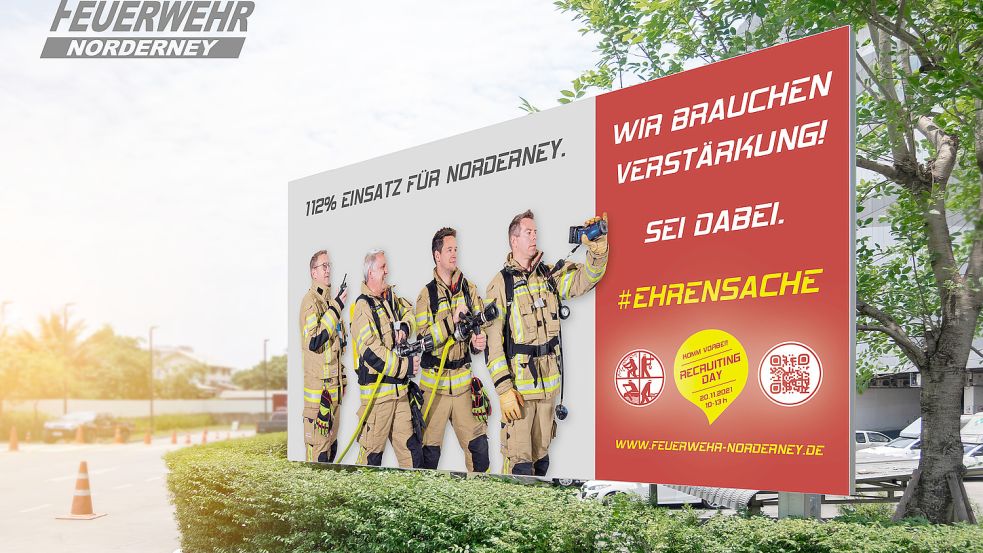 „Außergewöhnliches Doppelengagement in Beruf und Ehrenamt zeichnet die mehr als eine Millionen Frauen und Männer in Deutschlands freiwilligen Feuerwehren aus“, schreibt die Norderneyer Wehr. Sie hat jetzt Werbeplakate wie dieses aufgestellt, die ihre Mitglieder zeigen. Foto: Feuerwehr Norderney