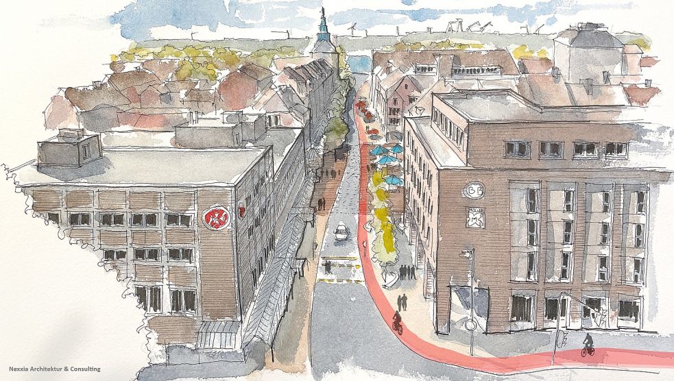 Visuell ist die Innenstadt der Zukunft schon fertig: So könnte es in der Neutorstraße im Abschnitt zwischen Agterum und Rathausplatz einmal aussehen. Visualisierungen: Stadt Emden