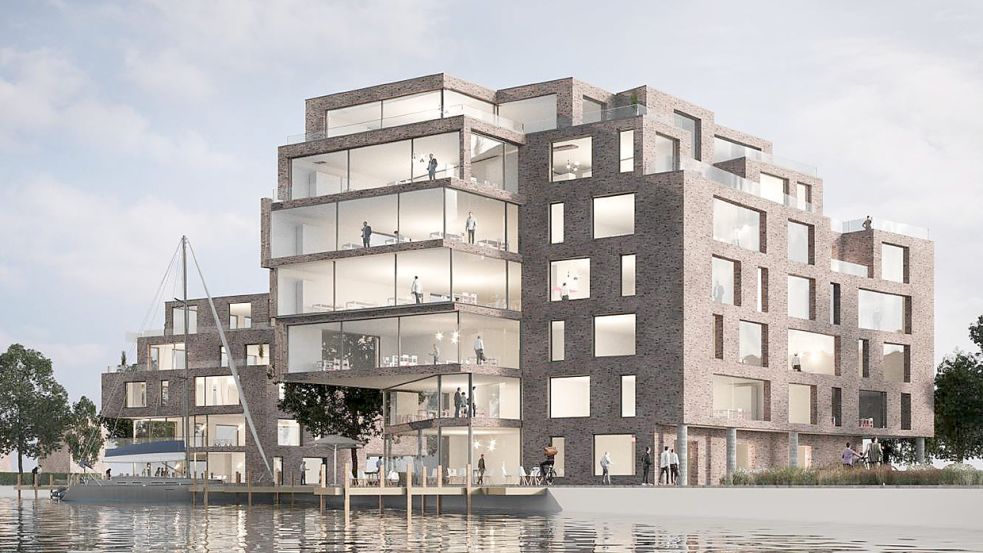„Zigmal geändert“: Die Computergrafik zeigt einen mehrfach überarbeiteten Entwurf für die Torhaus genannten Gebäude, die Udo Fuhrmann als architektonischen Leuchtturm am Emder Binnenhafen bauen möchte. Foto: Privat