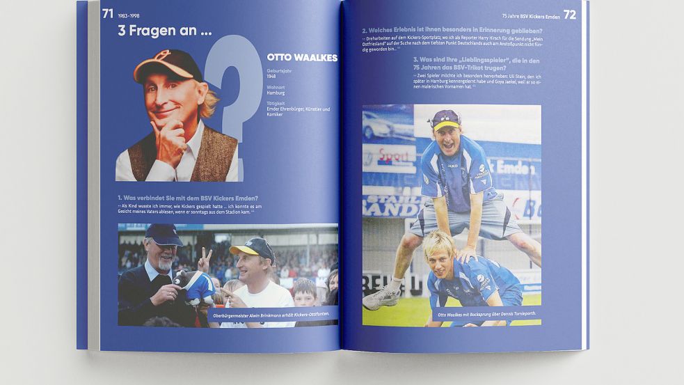 Die Rubrik „3 Fragen an...“ lockert die Chronik ebenso auf wie viele Bilder und eine tolle Gestaltung. Und natürlich kommt auch der gebürtige Emder Otto Waalkes zu Wort, der auch den Ottifanten auf dem Buchcover extra zeichnete. Fotos: T. Bruns