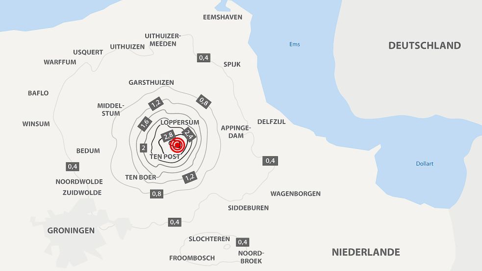 Diese Karte vermittelt einen Eindruck vom Erdbebengebiet um Garrelsweer. Das Königlich Niederländische Meteorologische Institut (KNMI) hat darin die Messwerte der maximalen Bodenbeschleunigung grafisch skizziert. Quelle: KNMI / Grafik-Repro: Reil