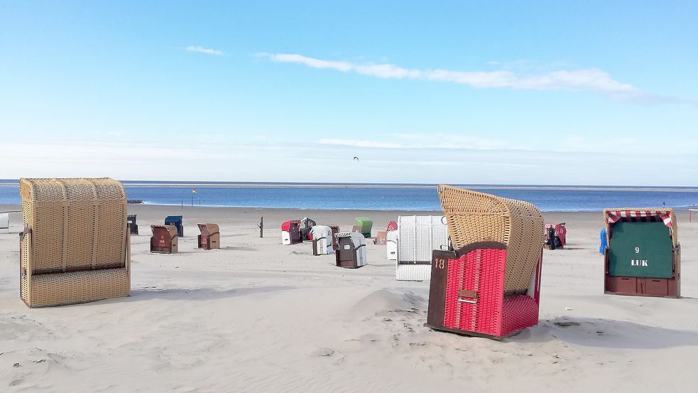 Ein Fotoklassiker auf der ostfriesischen Insel: die bunten Strandkörbe am Borkumer Nordstrand. Foto: Kraft