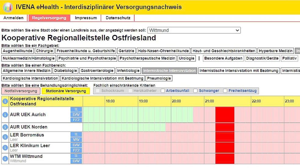 Stichprobe im niedersächsischen Ivena-Portal am Freitagabend: Keine internistische Intensivstation signalisierte den Rettungsdiensten, dass sie Patienten aufnehmen kann. Screenshot: Redaktion