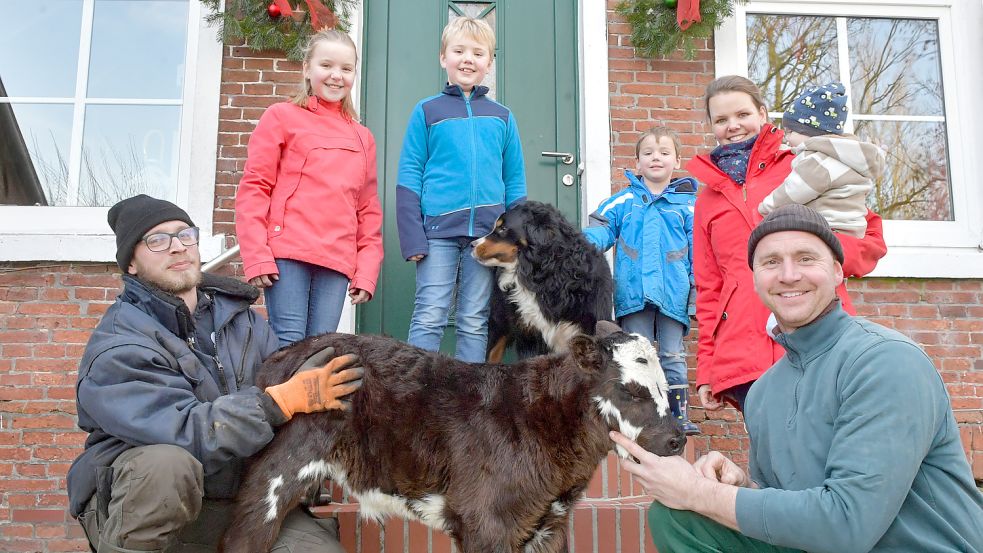 Auch über die Festtage müssen auf dem Hof der Niemanns die Tiere versorgt werden. Das Bild zeigt Praktikant Nick Weber (von links), Martje, Lübbo, Renke, Kerstin, Tebbo und Joachim Niemann mit Hund „Harry“ und einem von derzeit sechs Kälbchen. Foto: Ortgies