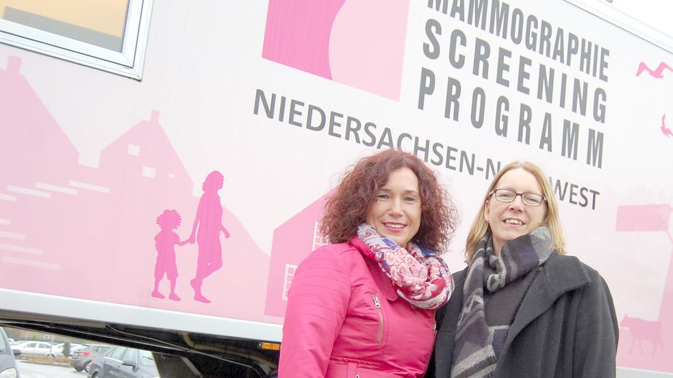 Birgitt Kampen-Neumann (links), Sprecherin des Mammographie-Screening-Programms Niedersachsen Nordwest, und die Gleichstellungsbeauftragte der Gemeinde Uplengen, Beate Bäuerle, werben für die Mammographie. Bild: Schneider-Berents