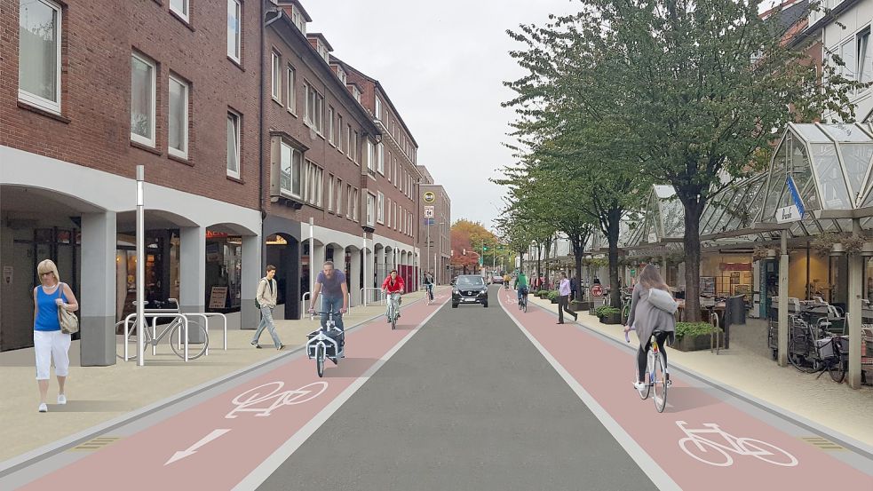 Diese Visualisierung des sogenannten Szenerios 2 zeigt, wie der Verkehr auf der Neutorstraße seit diesem Mittwoch läuft. Grafik: Stadt Emden