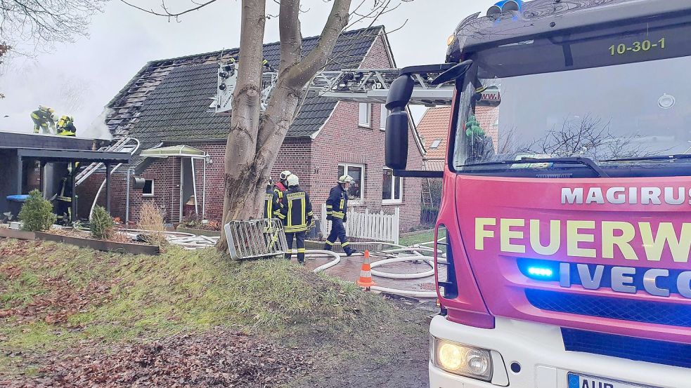 Die Feuerwehr löschte den Brand in Haxtum. Foto: Martens