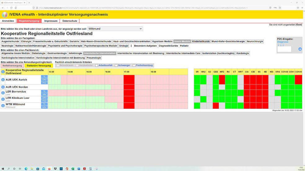 Eine Momentaufnahme aus dem niedersächsischen Ivena-Portal vom Donnerstag, 17.03 Uhr: Keine Intensivstation in Ostfriesland kann Patienten aufnehmen. Das Emder Krankenhaus ist da keine Ausnahme, aber einem eigenen Leitstellen-Bezirk zugeordnet. Screenshot: OZ