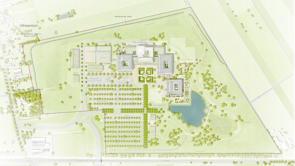 Lageplan der geplanten Zentralklinik in Uthwerdum. Grafik: gmp International GmbH, Aachen