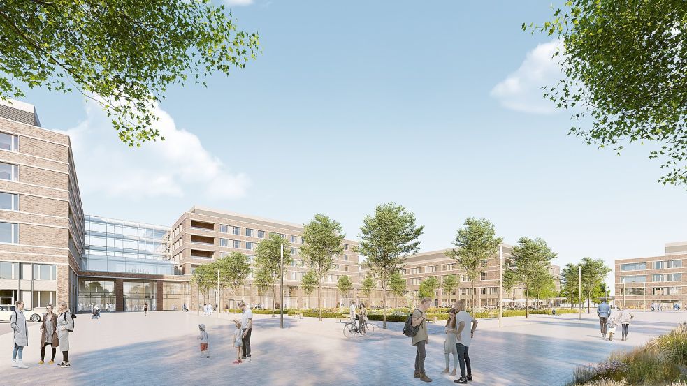 Blick auf den Platz und das Hauptgebäude, das in Uthwerdum entstehen soll. Grafik: gmp International GmbH, Aachen