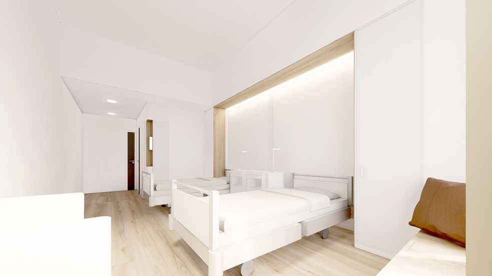 Zwei von 814 geplanten Betten im neuen Haus. Fast Patientenzimmer sollen große Fenster mit Blick ins Grüne haben. Grafik: gmp International GmbH, Aachen