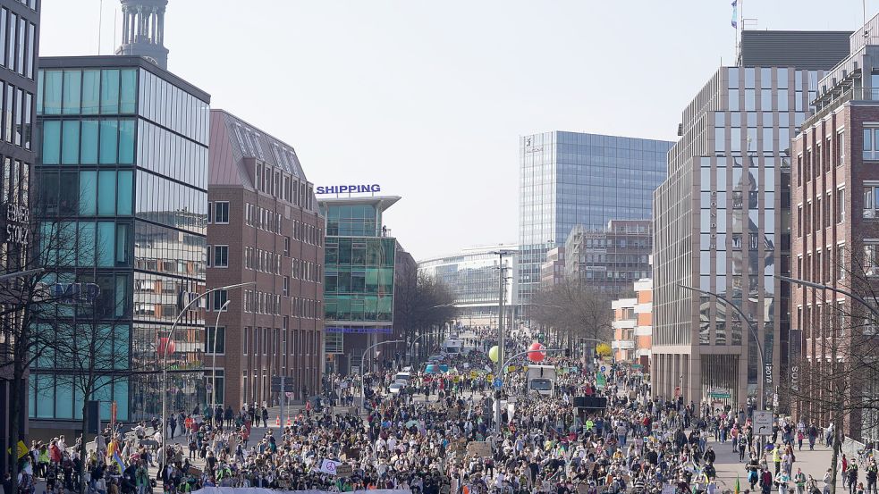 Mehrere Tausend Menschen beteiligten sich in Hamburg am 10. globalen Klimastreik, hier auf der Willy-Brandt-Straße. Foto: dpa