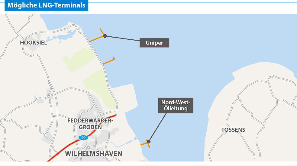 Die möglichen Standorte der beiden schwimmenden LNG-Terminals, die nach Wilhelmshaven kommen könnten. Grafik: Will/ZGO
