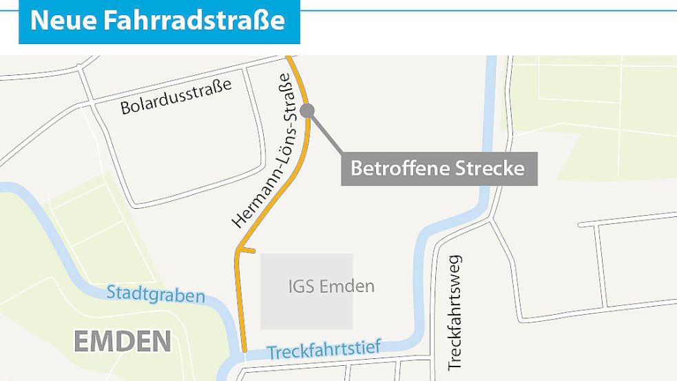 Die Hermann-Löns-Straße verläuft zwischen der Bolardustraße und dem Treckfahrtstief. Grafik: T. Malchus