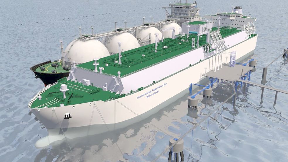 So könnte es in Hooksiel bald aussehen: Im Vordergrund das schwimmende Anlandeterminal für LNG, daneben mit den Höckerartigen Gebilden liegt ein LNG-Tanker, von dem das Gas in das schwimmende Terminal geleitet wird. Grafik: Umweltministerium Niedersachsen