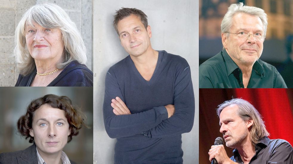 Koalition gegen den Krieg - und gegen eine stärkere Unterstützung der Ukraine mit Waffen: Alice Schwarzer, Juli Zeh, Dieter Nuhr, Reinhard Mey und Richard David Precht, ferner u.a. Wissenschaftsjournalist Ranga Yogeshwar, Schauspieler Lars Eidinger und Schriftsteller Martin Walser. Foto: dpa / Oliver Berg, Jörg Carstensen, Rolf Vennenbernd, Ingo Wagner; Imago Images / IPON