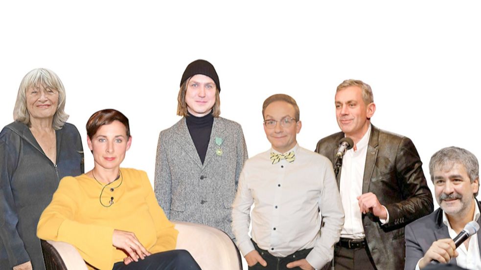 Alice Schwarzer, Judith Zeh und Lars Eidinger fordern in einem offenen Brief „keine Waffen für die Ukraine“. Wigald Boning, Wladimir Kaminer und Deniz Yücel hielten mit einem zweiten Brief dagegen. Foto: Montage: Alina Tönjes