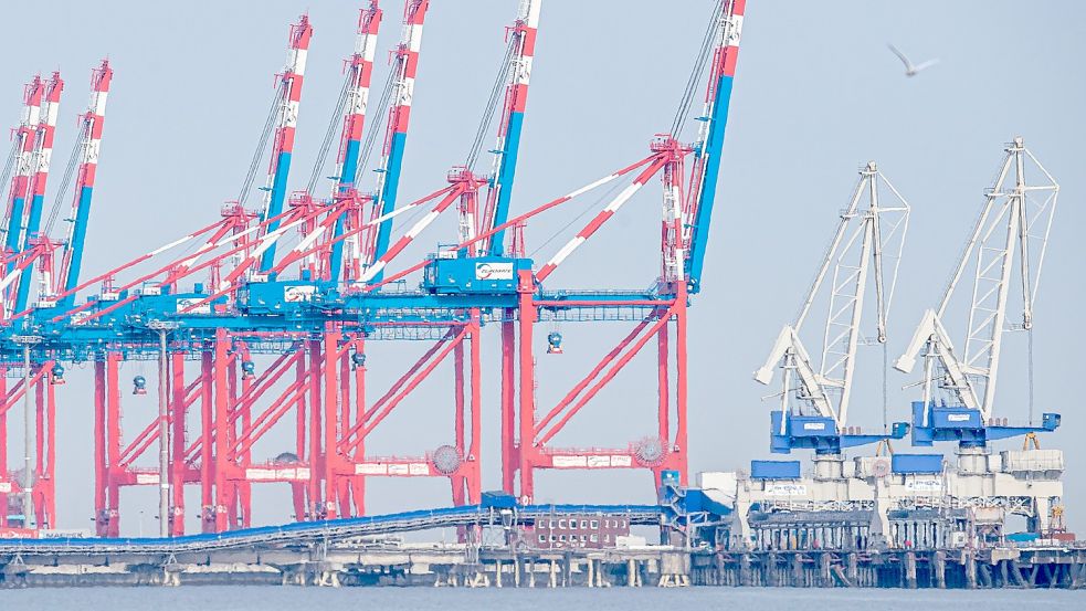Kräne stehen im Hafenareal des Jade-Weser-Ports in Wilhelmshaven. Auch hier soll es an diesem Donnerstag Warnstreiks geben. Foto: Schuldt/DPA