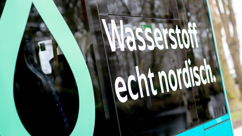 Die Aufschrift „Wasserstoff echt nordisch“ steht auf einem Wasserstoffbus, der im Kreis Nordfriesland eingesetzt wird. Der Landkreis Friesland will den Öffentlichen Personennahverkehr klimafreundlicher gestalten und künftig fünf Wasserstoffbusse einsetzen. Foto: Hauke-Christian Dittrich/DPA