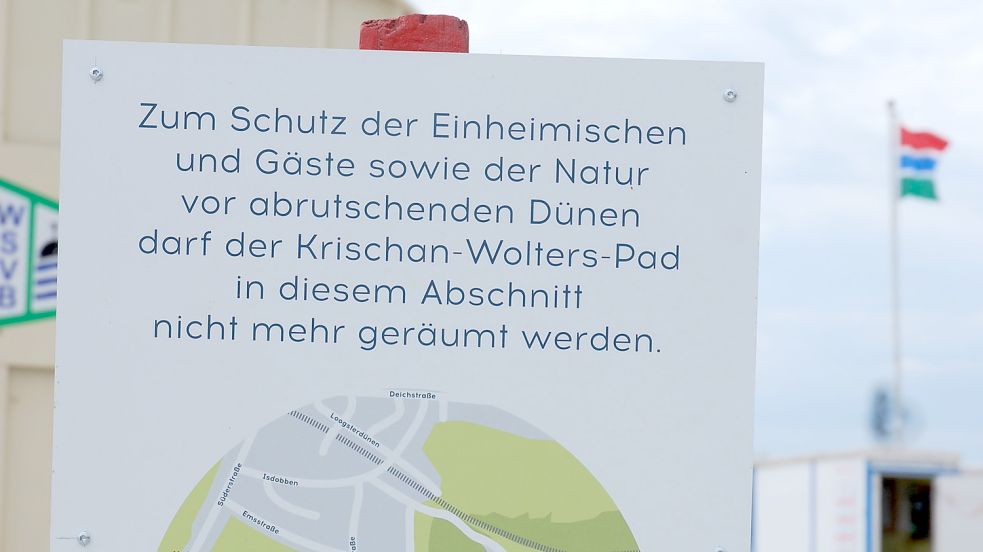Auch am schwarzen Deckwerk findet sich ein Hinweisschild. Foto: Ferber