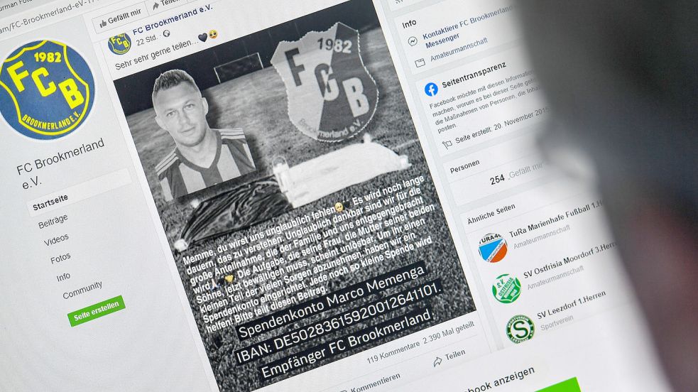 Auf Facebook ruft der FC Brookmerland zu Spenden auf, um die hinterbliebene Familie zu unterstützen. Foto: Ortgies