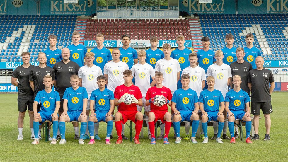 Lucas Beniermann (mittlere Reihe, Dritter von links) führte die U17 als Trainer in die Bundesliga. Dort sind diese Saison mit Jonas Goldenstein (hinten, Zweiter von links), Tilo Meyer (mittlere Reihe, Vierter von links), Leonardo Halili (vorne, Sechster von links) und Colin Decker (Siebter von links). Werner Decker (stehend, ganz rechts) aus Wittmund ist zudem Teammanager. Foto: JLZ Emsland