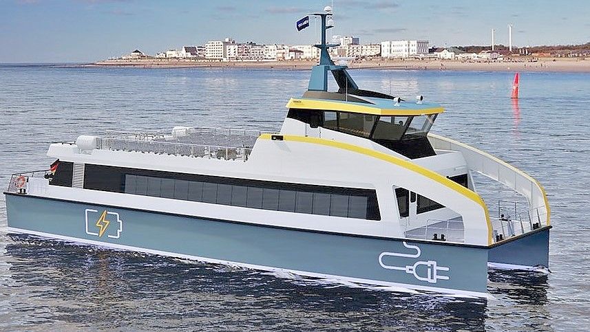 Die Frisia-Reederei möchte in Zukunft einen E-Katamaran für den Inselverkehr einsetzen. An der Forschung ist die Hochschule maßgeblich beteiligt. Animation: Frisia/Damen Shipyards