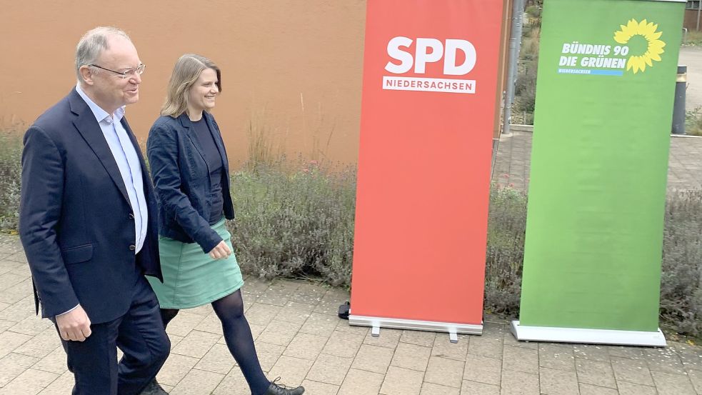 Guter Dinge auf dem Weg zu Koalitionsverhandlungen: Niedersachsens Ministerpräsident Stephan Weil (SPD) und Julia Willie Hamburg, Spitzenkandidatin der Grünen. Foto: Lars Laue