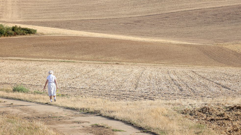 Eine Frau spaziert durch vertrocknete Felder. Der Klimawandel droht zwischen den aktuellen Krisen in Vergessenheit zu geraten. Foto: Karl-Josef Hildenbrand