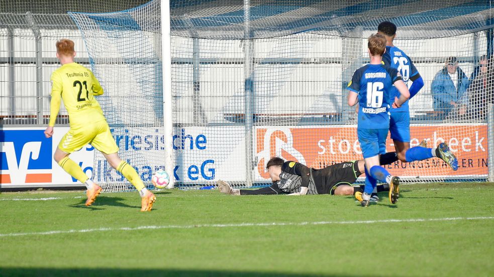 Ende der ersten Halbzeit erspielte sich Ottensen etliche Chancen. In dieser Szene lenkt Kickers-Torhüter Isaak Djokovic den Schuss von Pascal Steinwender (links) noch so gerade um den Pfosten. Foto: Wagenaar