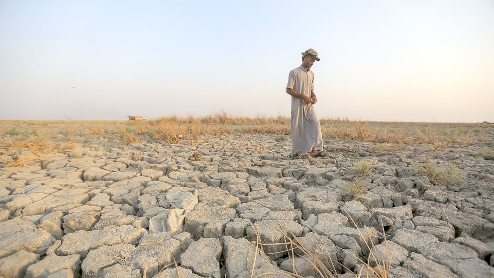 Ein Fischer geht in der irakischen Provinz Dhi Qar über ein trockenes Stück Land in den Sümpfen des Südiraks, die unter den Folgen der Dürre und des steigenden Salzgehalts leiden. Foto: Khalil/AP/DPA
