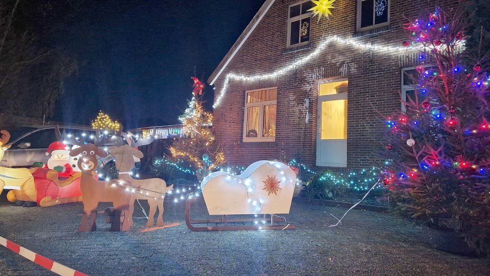 Weihnachtsbäume, Lichterketten und bunte Figuren machen das Haus an der Pannenborgstraße in Weener zu einem Hingucker. Foto: Gettkowski