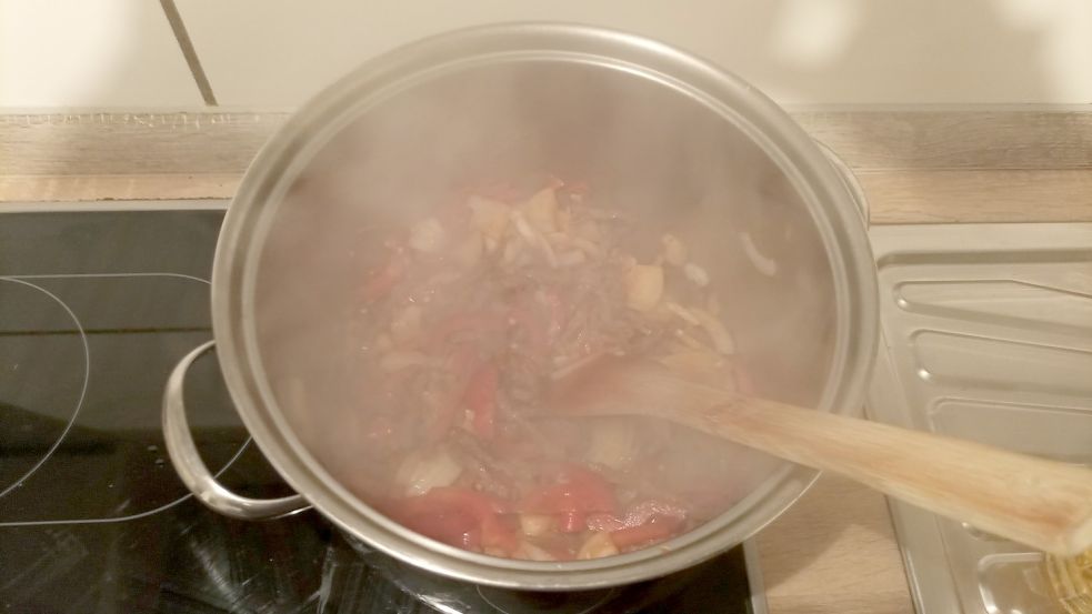 Nebelschwaden ziehen auf, als Fleisch und Gemüse im Topf vor sich hinschmoren. Foto: Schönig