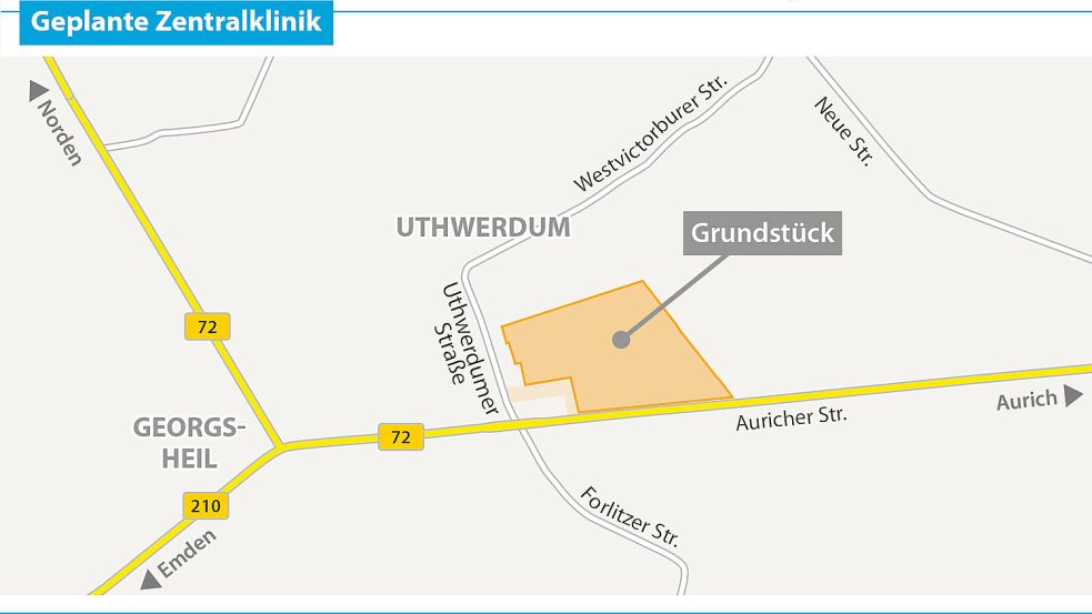 Das Grundstück der Zentralklinik liegt an der Bundesstraße in Südbrookmerland. Grafik: Schüür
