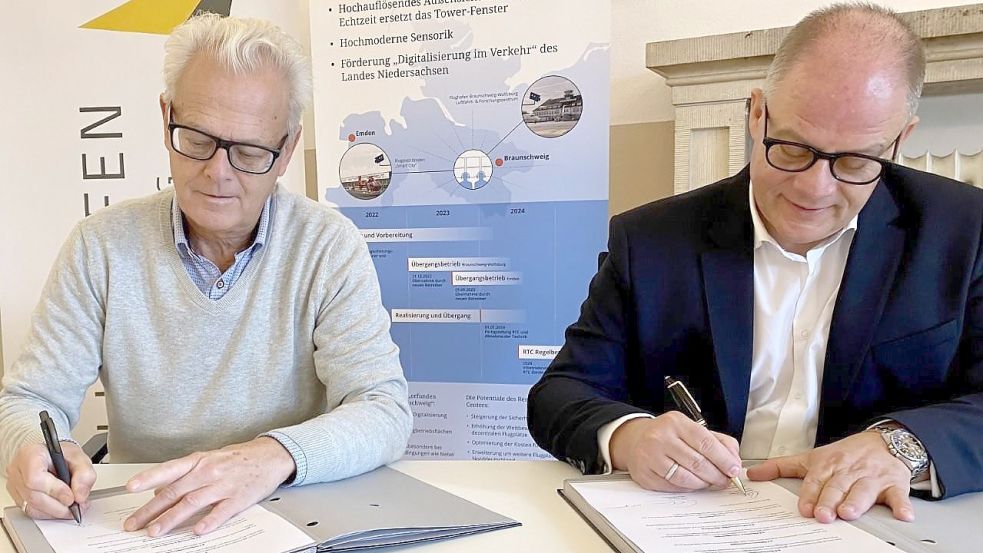 Olaf Schmidt (links), Geschäftsführer des Flugplatzes Emden, und Michael Schwarz, Geschäftsführer des Flughafens Braunschweig-Wolfsburg, unterzeichneten den Kooperationsvertrag. Foto: Flughafen Braunschweig-Wolfsburg