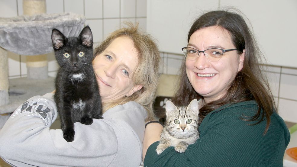 Auf Schmusekurs im Kittenzimmer: Carola Lappe (links), 2. Vorsitzende, und Melanie Güldenpfennig, 1. Vorsitzende des Tierschutzvereins. Foto: Ferber