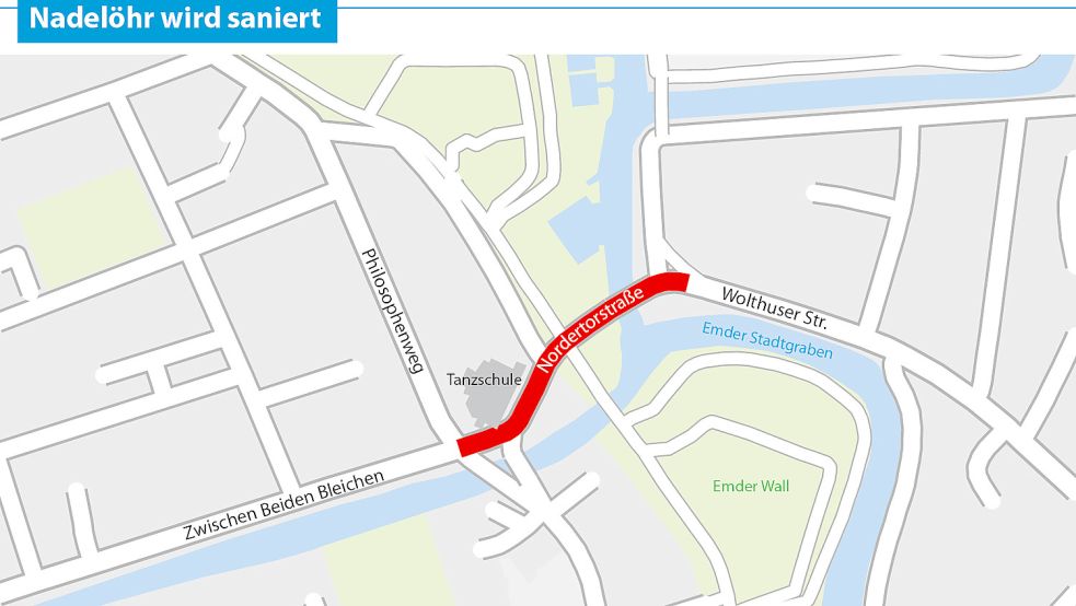 Der Abschnitt, der im Sommer erneuert werden soll, erstreckt sich zwischen dem Knotenpunkt an der Tanzschule Löschen und dem Beginn der Wolthuser Straße. Grafik: J. Fischer