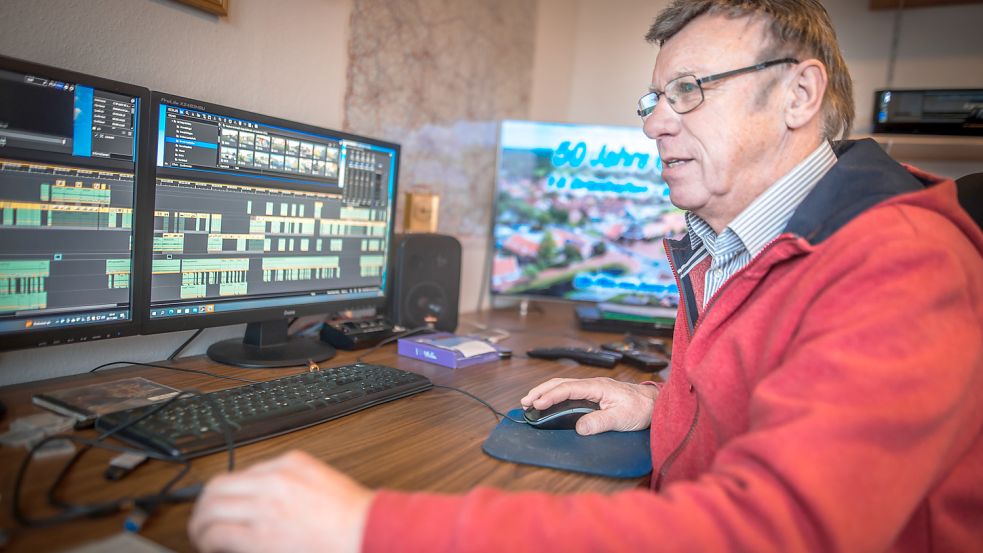 Jonny Stulken am Video-Schnittpult in seinem Heimstudio in Ostgroßefehn. Foto: Cordsen
