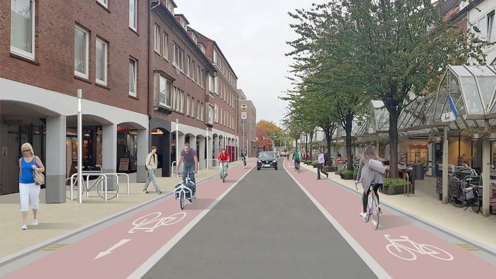 Dieses Bild zeigt das grobe Prinzip, wie der Verkehr künftig auf der Neutorstraße geführt werden soll. Aber: Geht es nach der Verwaltung, soll alles einheitlich gepflastert und ebenerdig sein. Grafik: Stadt Emden