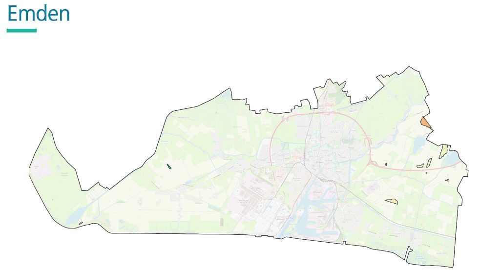 Die blassen Bereiche Emdens sind gänzlich für den Windkraft-Ausbau ausgeschlossen. Nur der dunkelgrüne kleine Bereich über Wybelsum und die hellgrünen Bereiche zwischen dem Bansmeer und dem Uphuser Meer wären dafür nutzbar, so das Fraunhofer Institut. Grafik: Institut