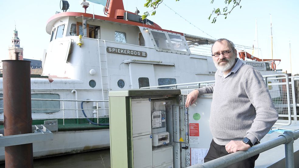 Sein EWE-Vertrag erwies sich nicht als sicherer Hafen, was den Strompreis betrifft: Michael Elges, Betreiber des Schiffsrestaurants „Spiekeroog III“, an seinem Stromzähler. Foto: Ellinger