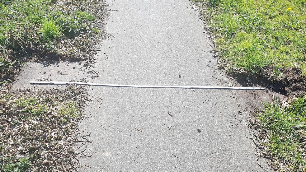 Vor gut einer Woche war der Radweg an der Esenser Straße so überwuchert, dass ihm ein Drittel der Breite fehlte. Der ADFC demonstriert es mit einem Zollstock. Foto: ADFC